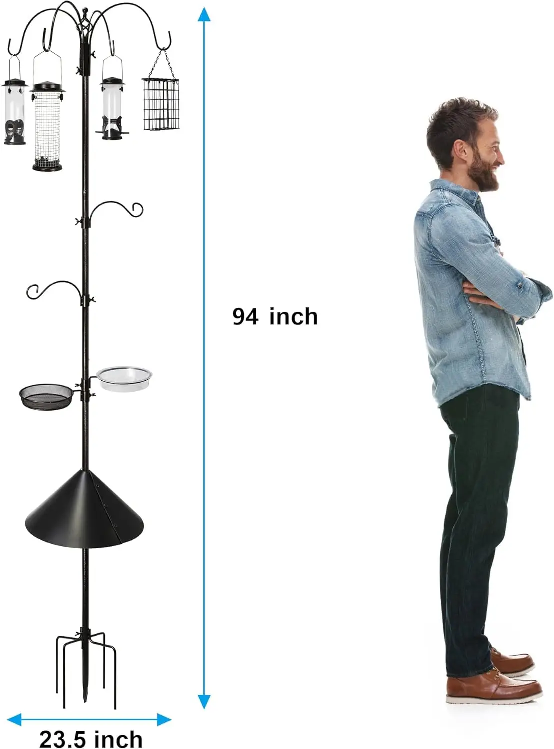 Stacja karmnicza dla ptaków ze stali o długości 94 cali z 4 karmnikami, wanienką, tacką i osłoną przed wiewiórkami dla dzikich ptaków