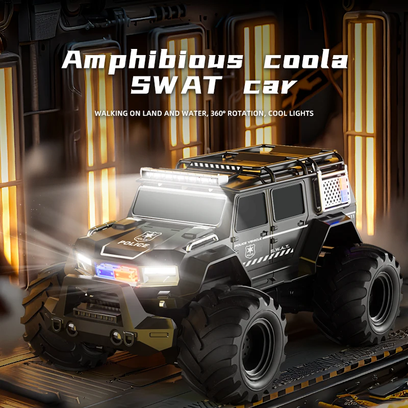 

Amphibious remote-controlled off-road vehicle with four-way lighting, waterproof charging, racing car, police car, children's