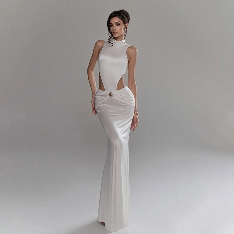 

EDGLuLu Luxury White Satin Bodycon Maxi Dress 2026 Women's Cutout Waist Mermaid Formal Evening Gown Cocktail Party Dress0404