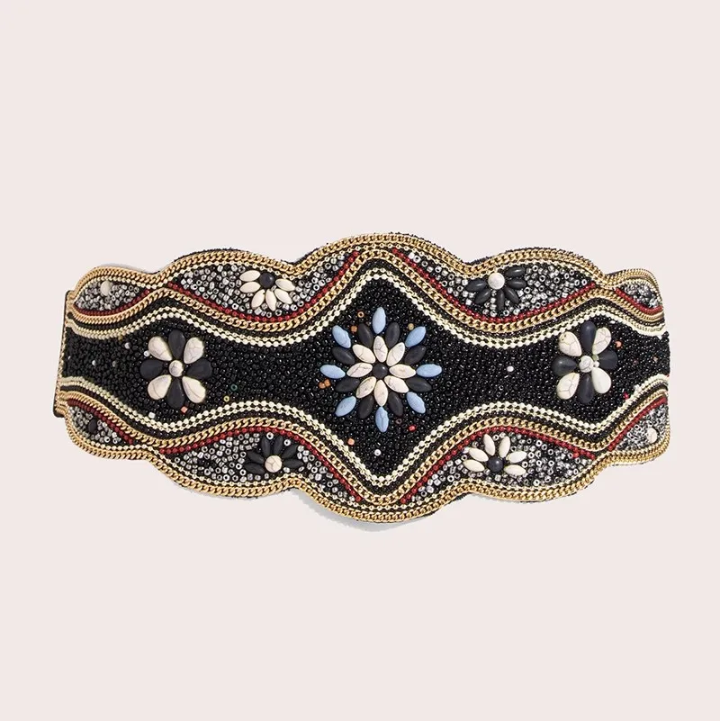 Bohemian Ethnic Women's Wide Adjustable Waist Cincher Belt with Intricate Beads Shell Accents Jacquard Pattern