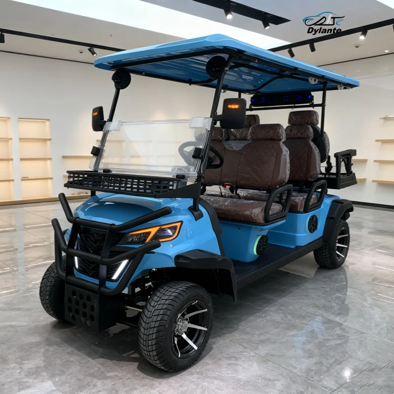 Carros de golf eléctricos 4 pasajeros Proveedor confiable de China Plegable el parabrisas Espejo lateral del neumático todoterreno con luz giratoria