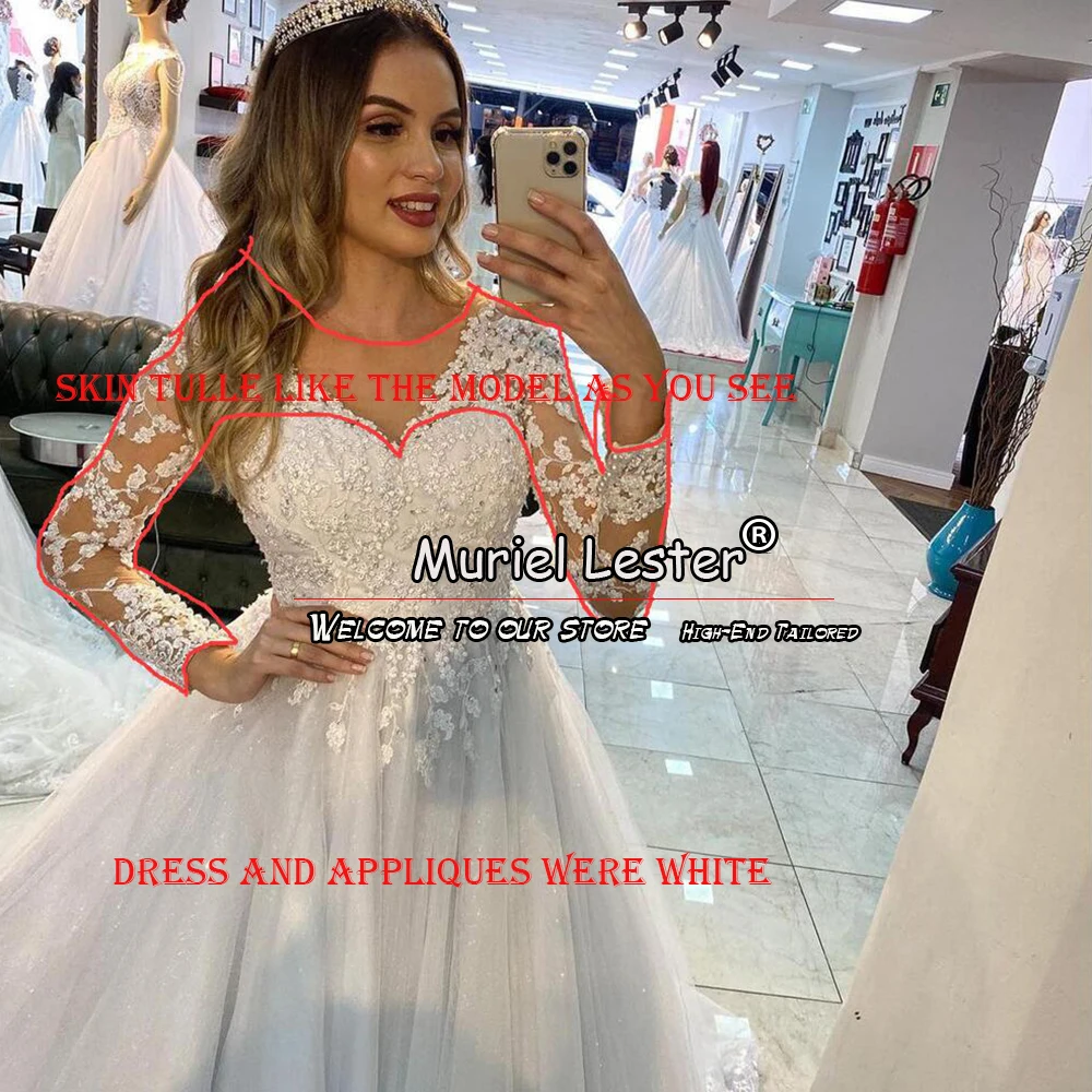 Sprankelend Een Lijn Trouwjurken Nude Tule Lange Mouwen Bruidsjurken Custom Witte Appliques O Nek Formele Feest Vrouwen Kleding