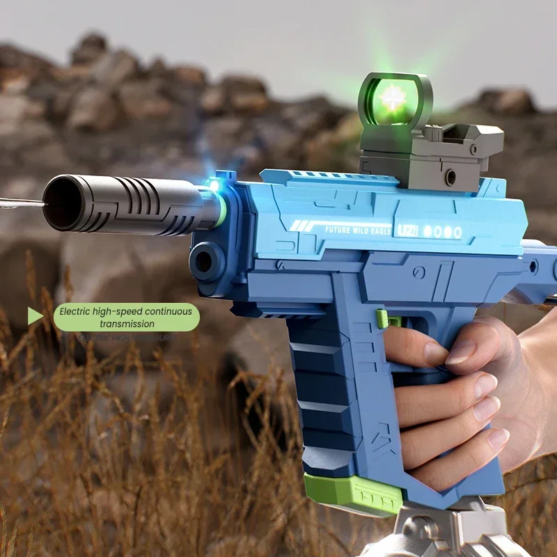 UZI Electric Water Gun with scope Butt Mechanical Linkage Continuous Reloading Machine Automatic Gun Toys for Children Adult