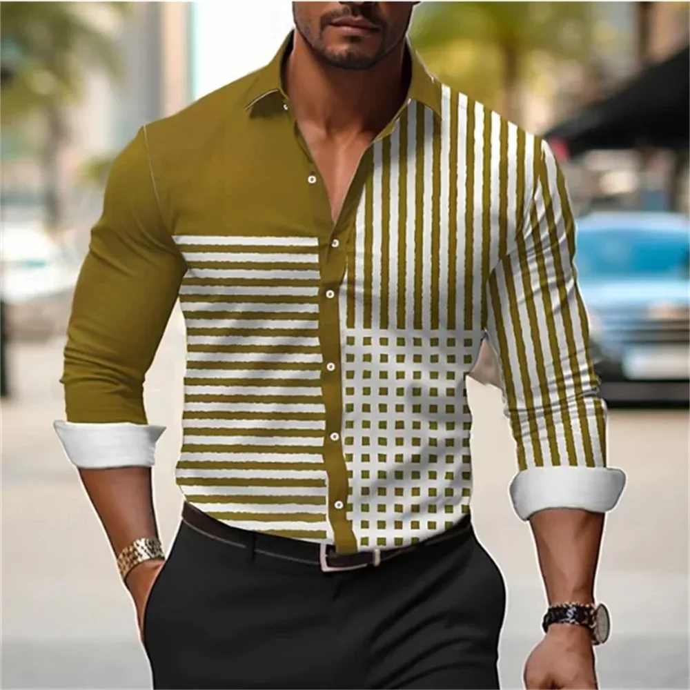 Men's New Fashion Striped 3D Printed Long-sleeved Lapel Simple Business Shirt Hawaiian Vacation Outdoor Street Color Block Top