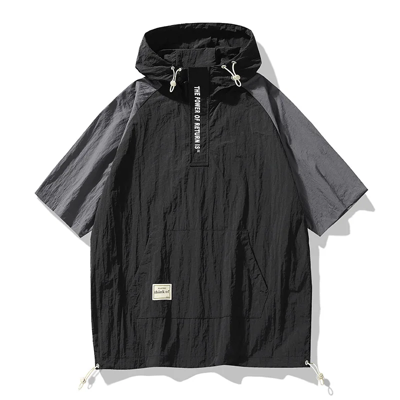 Short Sleeved T-shirt Men's Summer Trend College Style Loose Versatile Short Sleeved Hooded Sweatshirt Half Zip Pullover Top