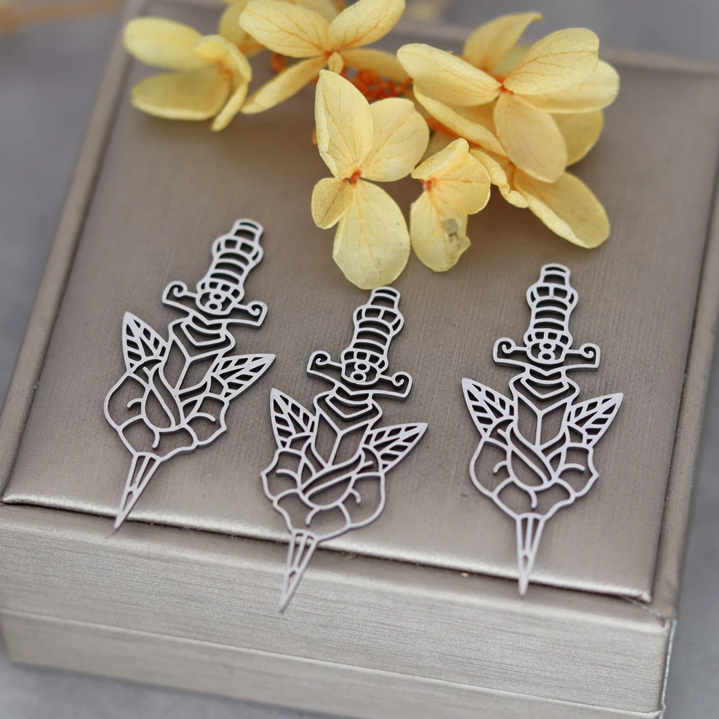 3pcs Magic Sword Rose Flower Charms DIY Craft Tassels Earrings Necklace Women Jewelry Making Stainless Steel Pendant Accessories
