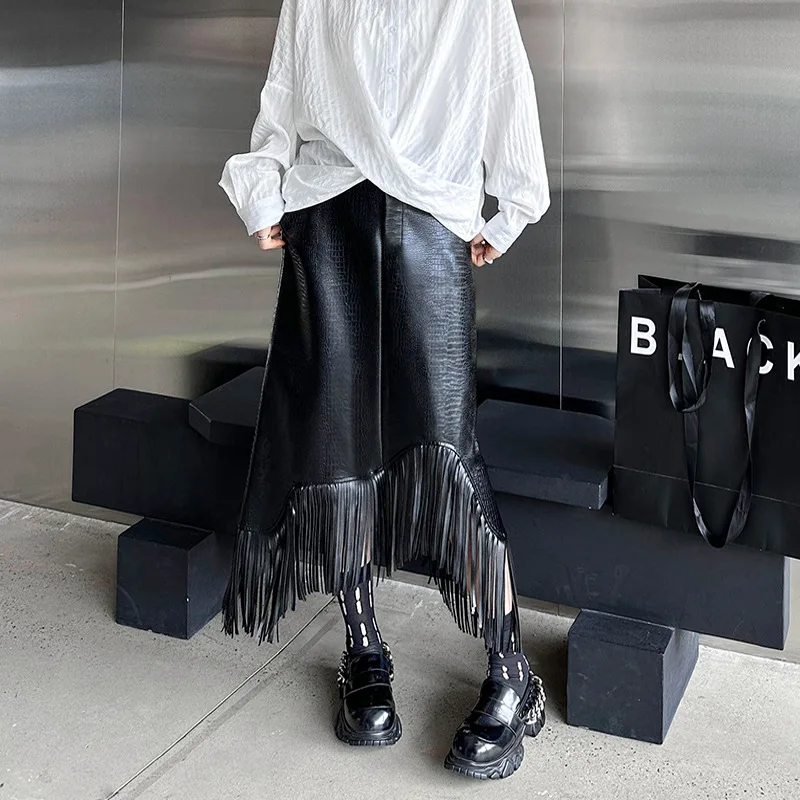 

Women PU Leather Solid Skirts Casual Skirt Tassel Asymmetrical Mid Calf Length Non Strech Regular Fit Street Wear 2025 Spring