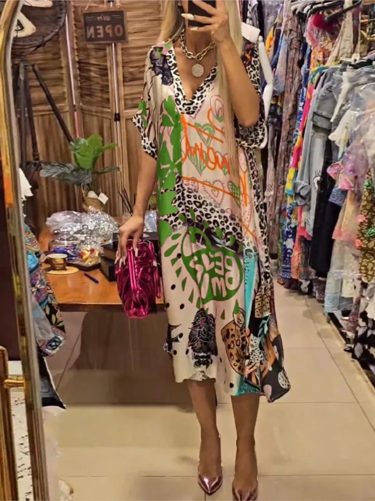 Abito camicia con stampa colorata leopardata di moda 2025 Abiti lunghi drappeggiati larghi con scollo a V Abiti estivi da donna a maniche corte