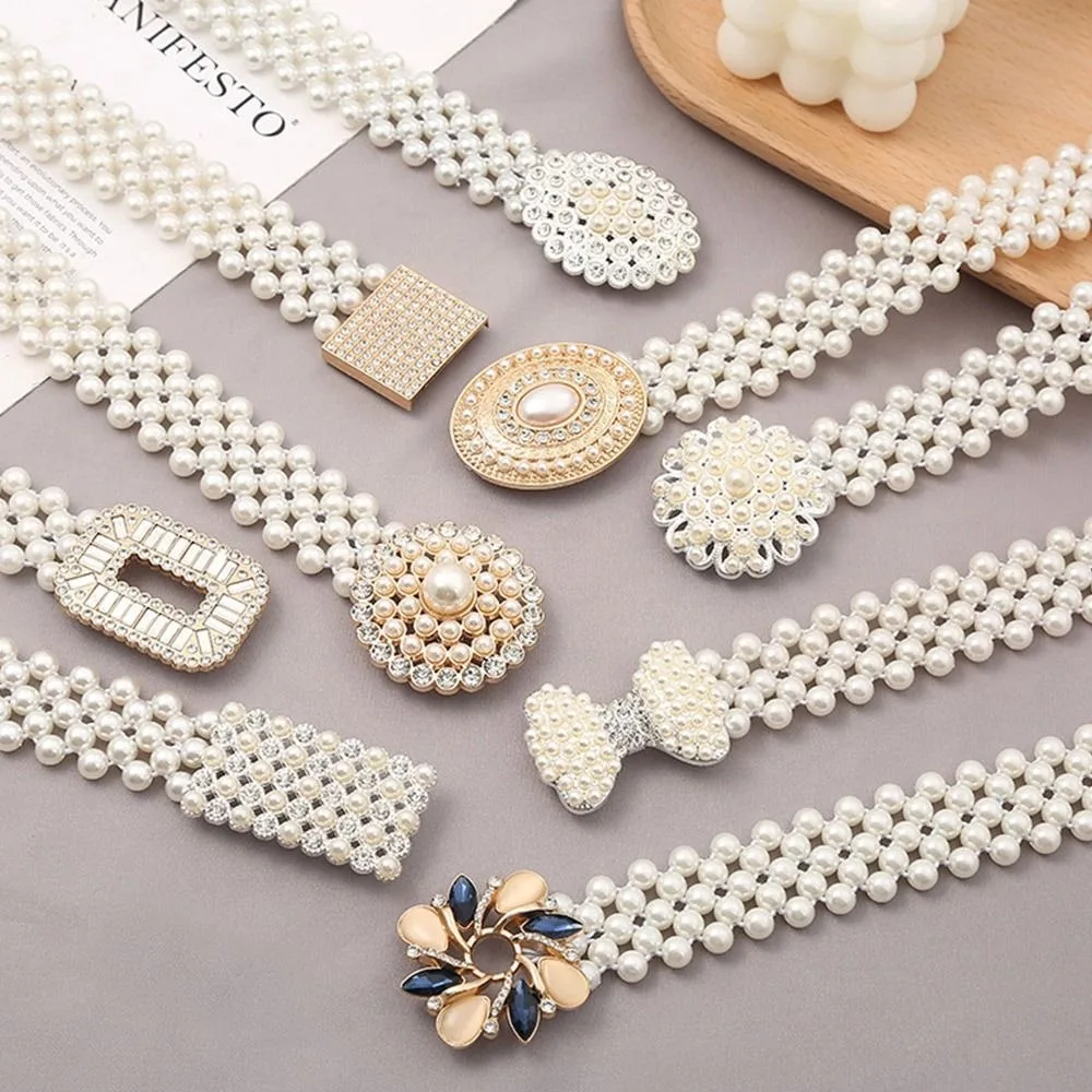 Ladies' Elastic Thin Waistband with Pearl Rhinestone Waist Chain Simple Korean Style Drawstring Belt Women Apparel Accessories