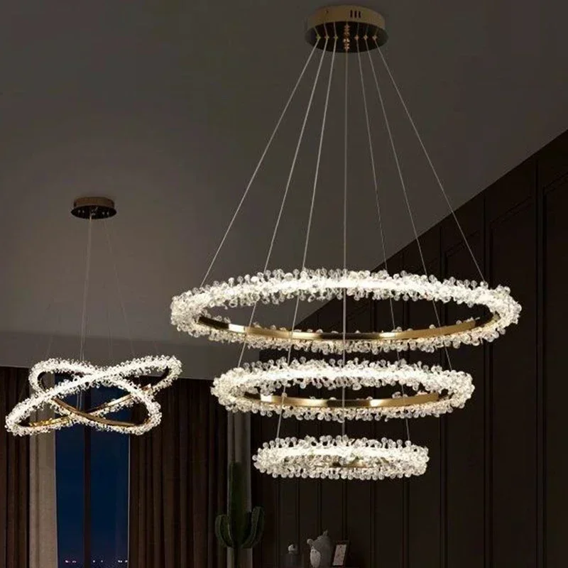 Nordic modern luxury golden round ceiling crystal chandelier indoor living room electroplating halo LED