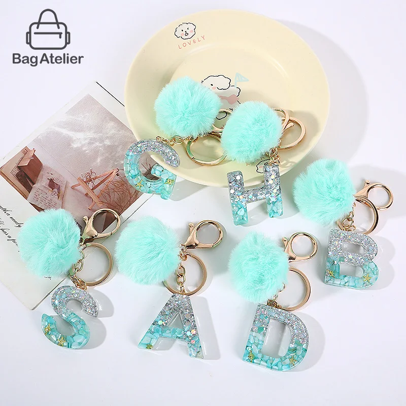 Cute A-Z Plush Keychain Pendant 26 Letters With Green Fluffy Pom Pom Fashion Women's Handbag Charm Resin Couple Keychain Gift