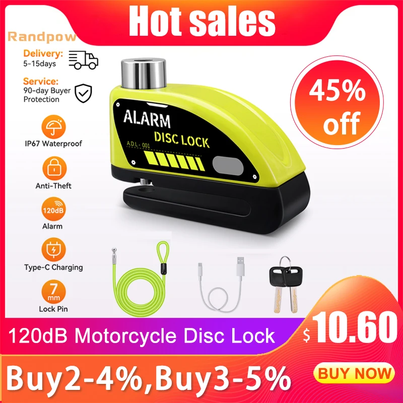 Randpow Motorcycle Disc Lock Bike Wheel Padlock Motorcycle Alarm Waterproof Scooter Alarm Lock Anti-Theft Padlock Alarm Lock