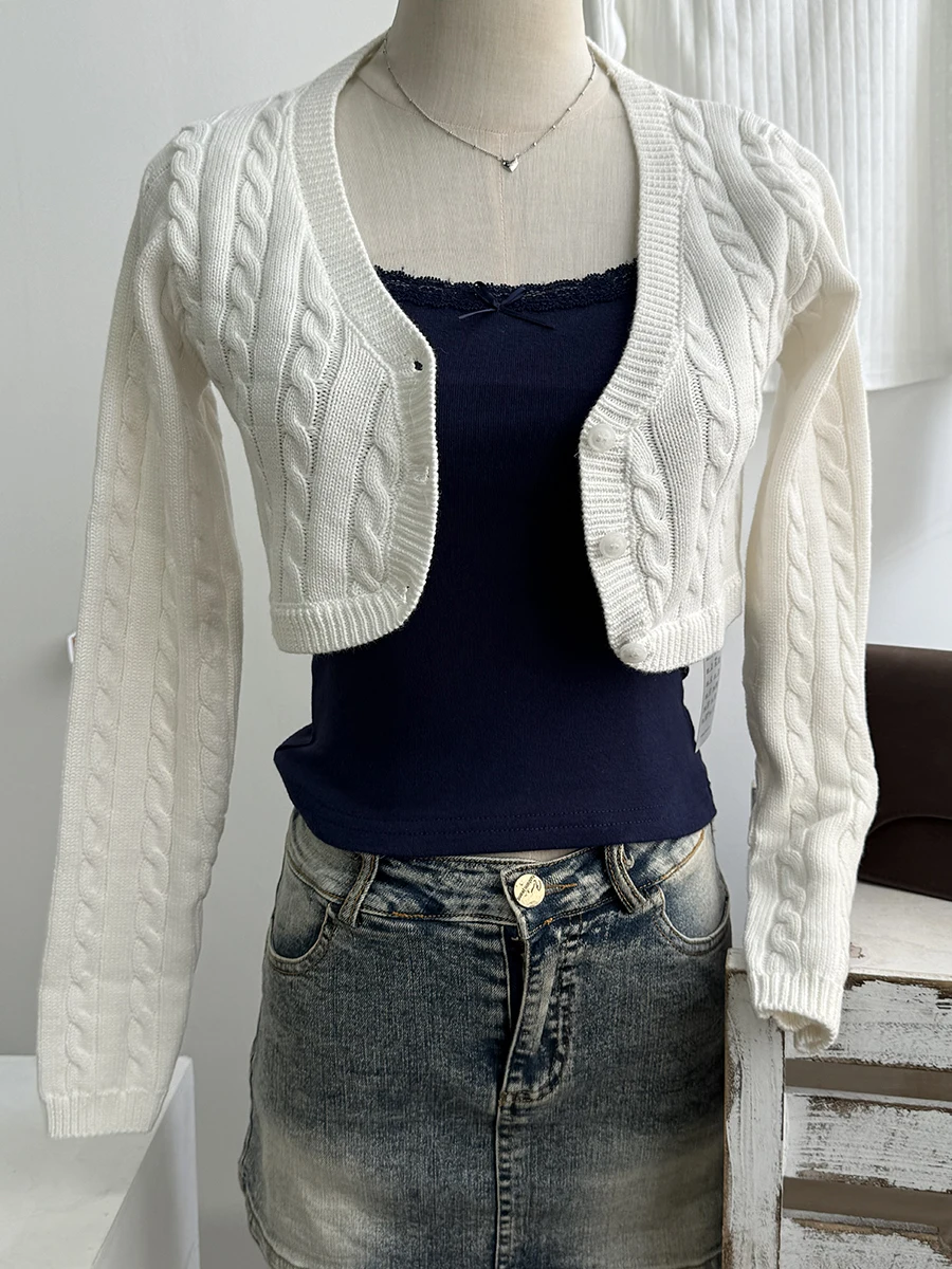 

Укороченный вязаный свитер с узором «Витой цветок» для женщин, хлопковый, с V-образным вырезом, длинными рукавами, облегающий, винтажный шик, кардиган Zoa