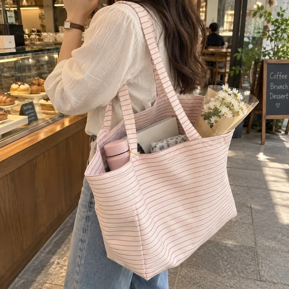 Y2K Large Capacity Canvas Tote Bag Pink Lightweight Shoulder Bag Thin Thick Striped Reversible Handbag Women