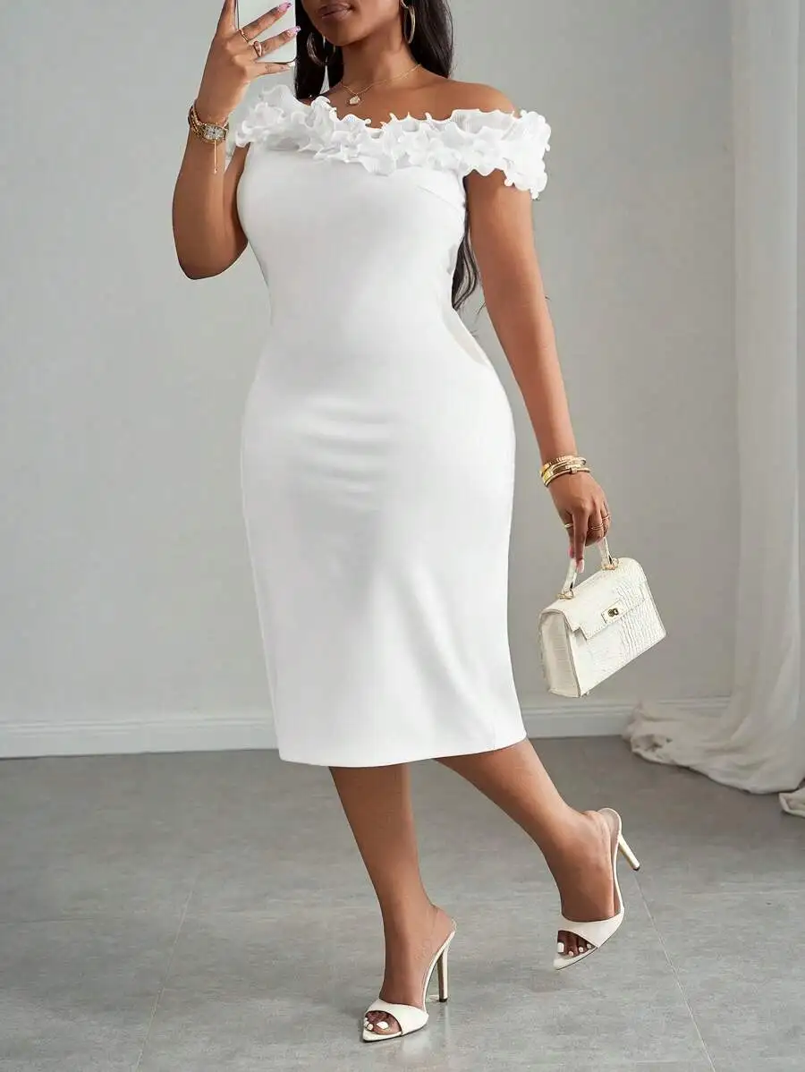 

White Elegant Off Shoulder Ruffle Trim Bodycon Midi Dress For Party Spring Summer