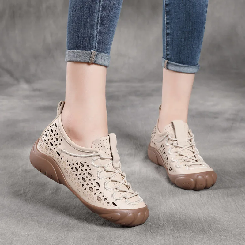 

2022 Summer New Handmade Casual Retro Hollow out Pumps Female First Layer Cowhide Flat Soft Bottom Mom