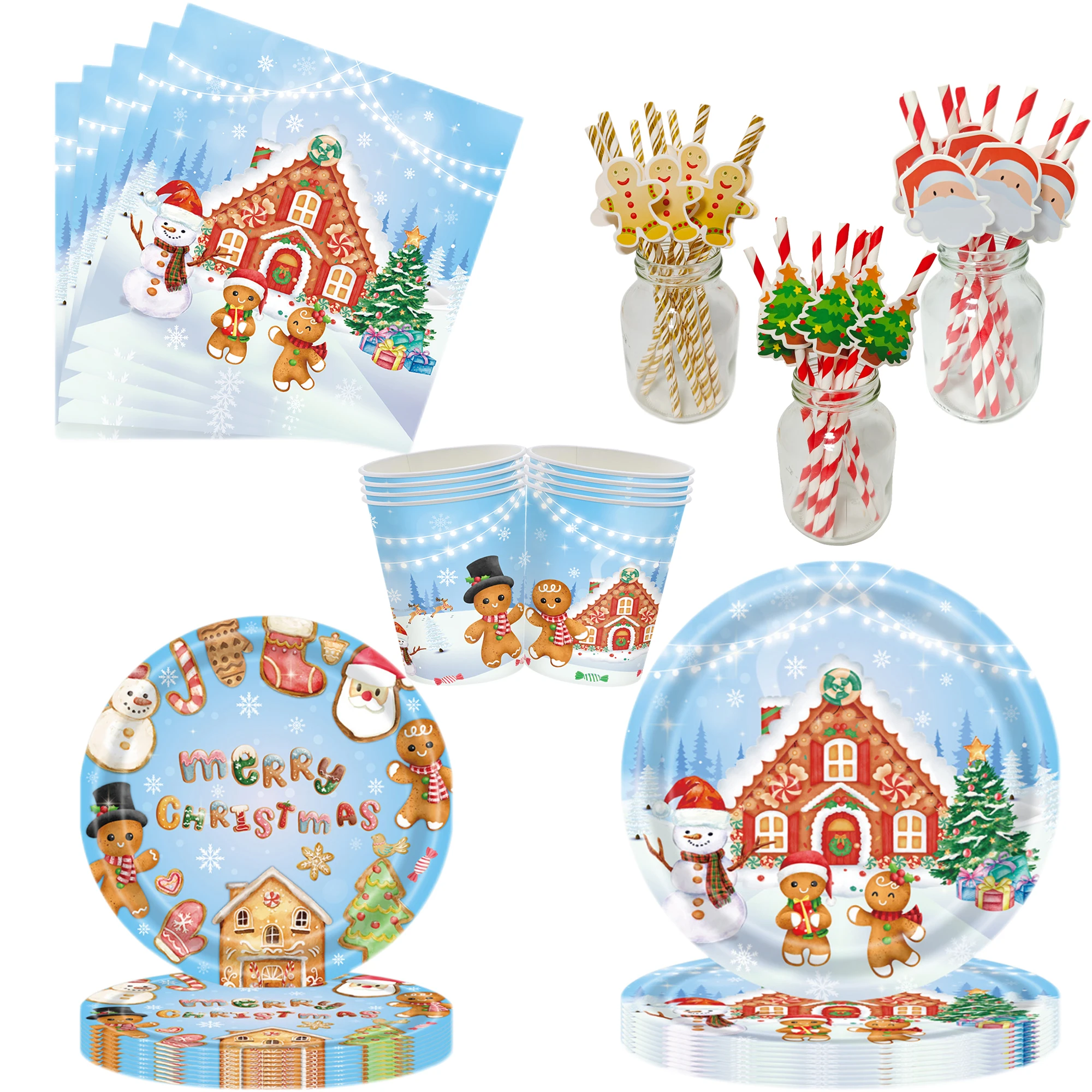 Christmas Party Supplies Santa Claus Snowhouse Gingerbread Man Snowman Theme Paper Plate Napkin Cup Straw Christmas Decorations