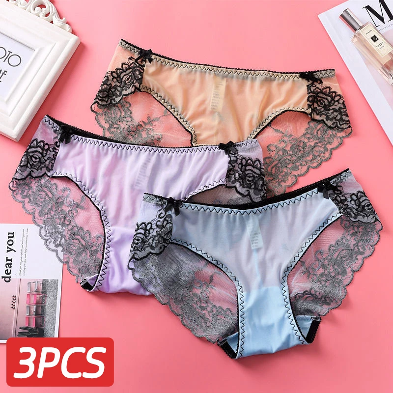 

3 Pcies/Set New Women's Sexy Lace Underwear Girls Breathable Hollow-out Mesh Underwear Women's Traceless Low Waist Briefs