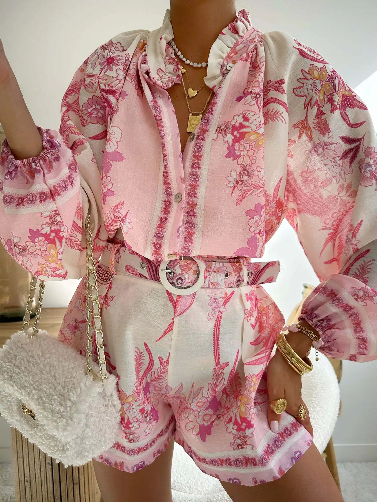 Elegant Flower Print Two Piece Set Loose High Collar Long Sleeve Button Shirt High Waist Shorts Set Fashion Women Commuter Suit