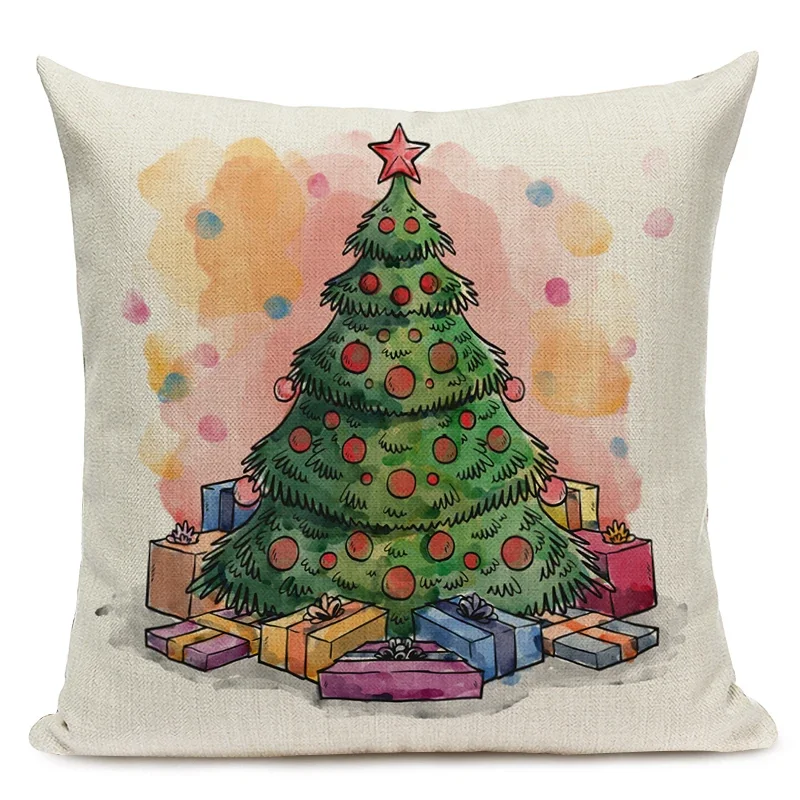 Christmas Tree Pattern Linen Throw Pillow Case, Decorative Cushion Cover, Car, Home, Sofa Decor, Merry Christmas