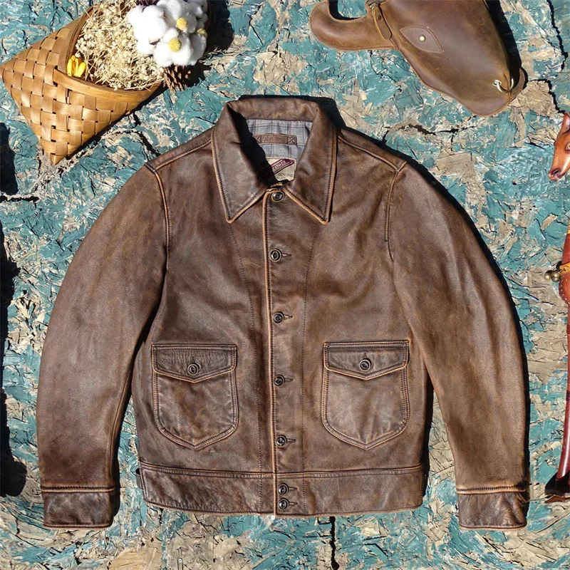 1920S American Style Retro Heavy Water Washed and Brushed Color Distressed Bengal Tea Core Calf Leather Leather Jacket