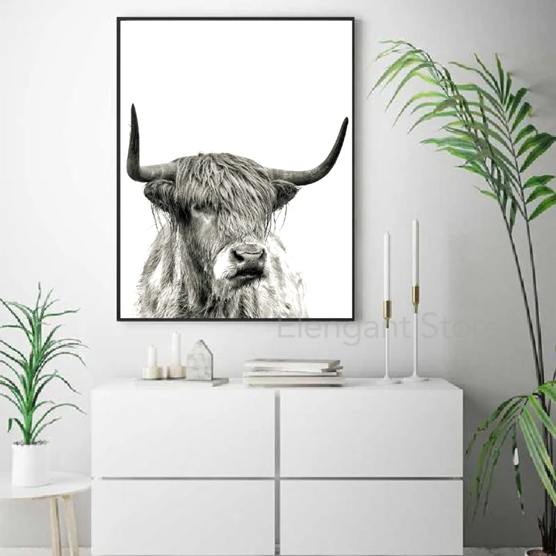 المرتفعات البقر مع زهرة تاج الفن طباعة بنات الحضانة الرسم على لوحات القماش الجدارية مزرعة الحيوان البقرة الشمال المشارك غرفة المعيشة ديكور