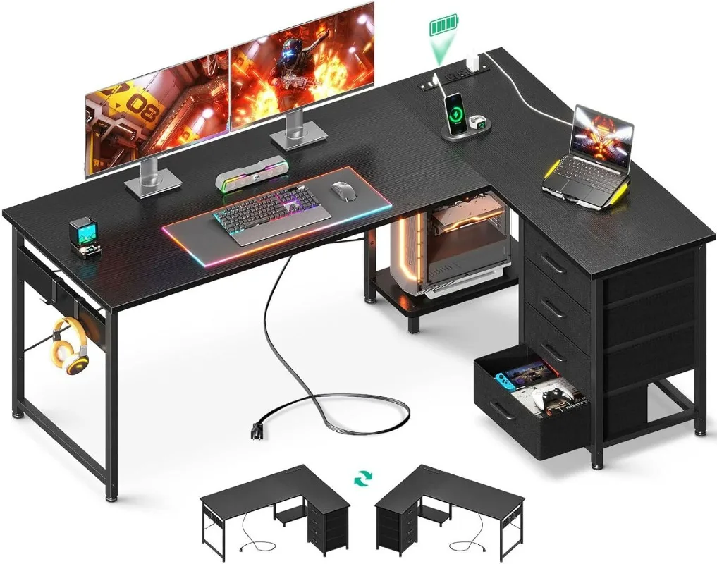 

L Shaped Desk with 4 Tier Drawers, 61" Reversible Gaming Desk with Power Outlets, L Shaped Computer Desk with USB Charging Port