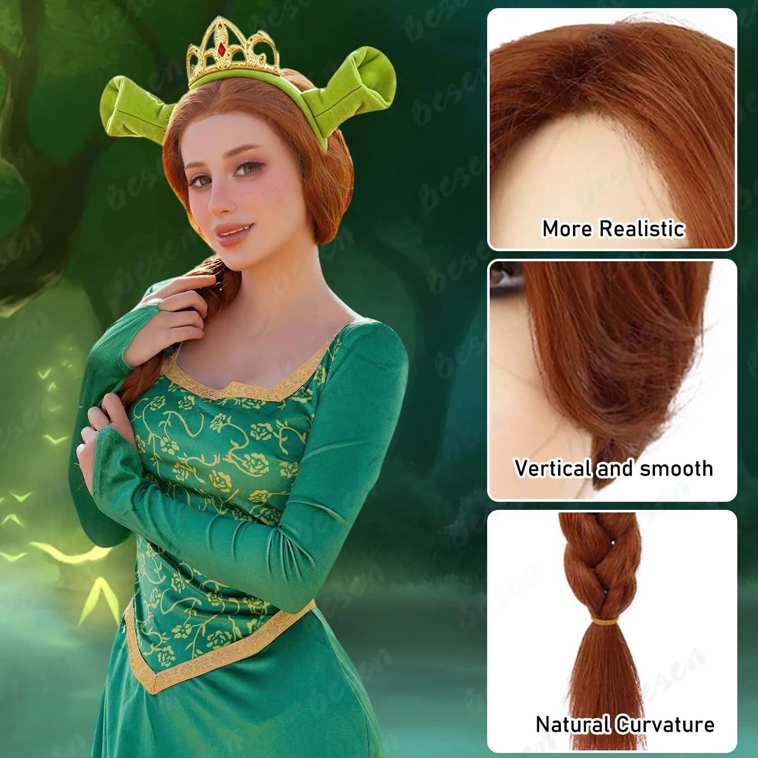 Synthetic Long Braid Reddish Brown Wig+Ogre Green Ears Headband with Princess Crown, Anime Fiona Wig for Halloween Cosplay Party - view 4
