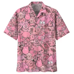 Camisa de leitão rosa masculina estilo havaiano 3D, manga curta, casual, solta, rua, verão