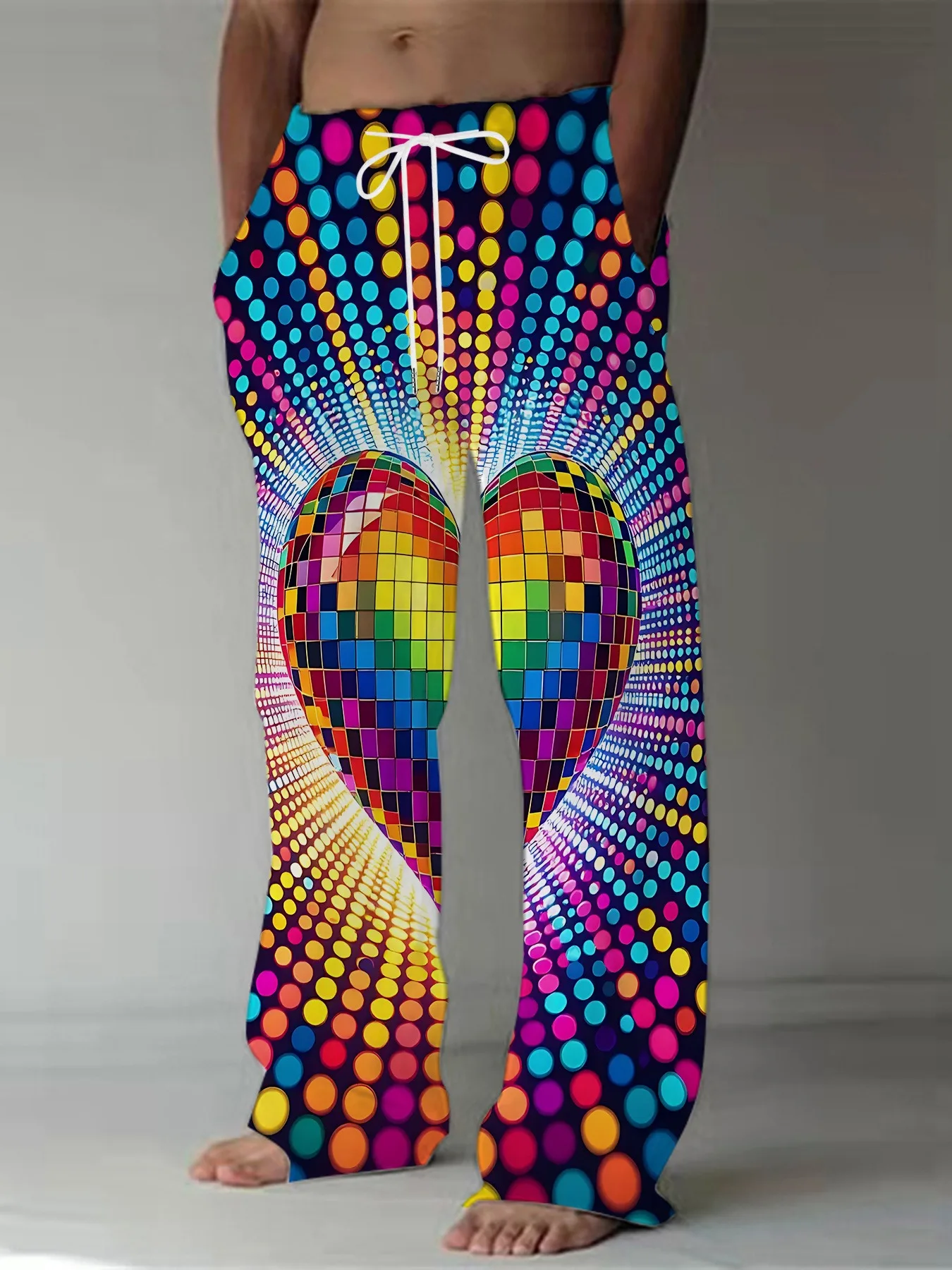 Men's Loose-Fit Full-Body Disco Print Heart Thunder  Suitable for Nightclub Wear, Machine Washable Casual Clothing