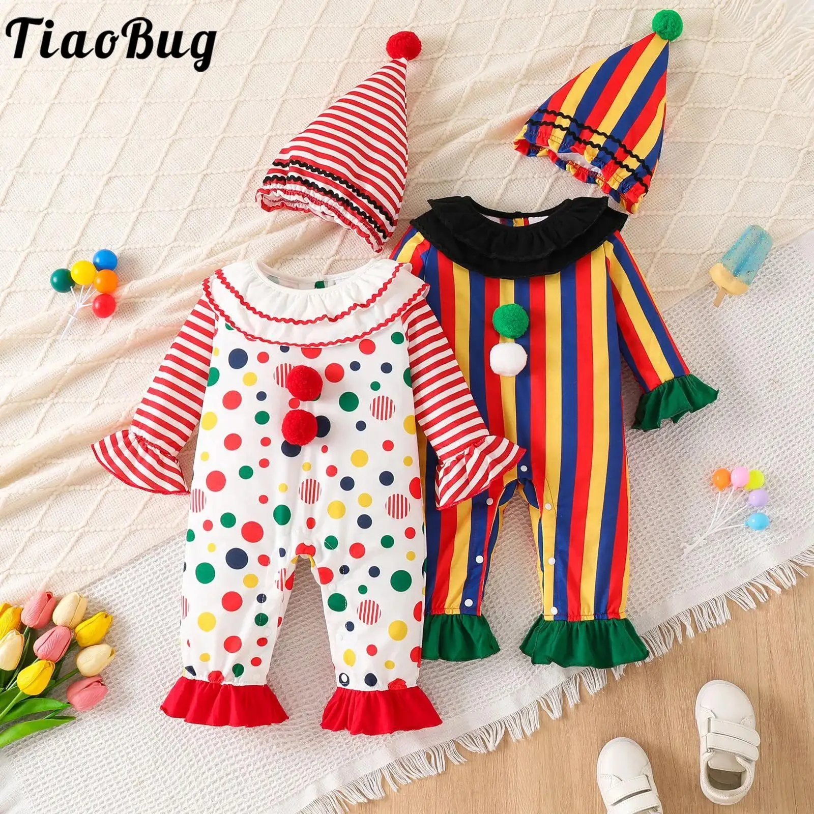 Toddler Baby Clown Costume Halloween Cosplay Party Fancy Dress Up Long Flared Sleeves Striped Bell-bottom Romper with Pompom Hat