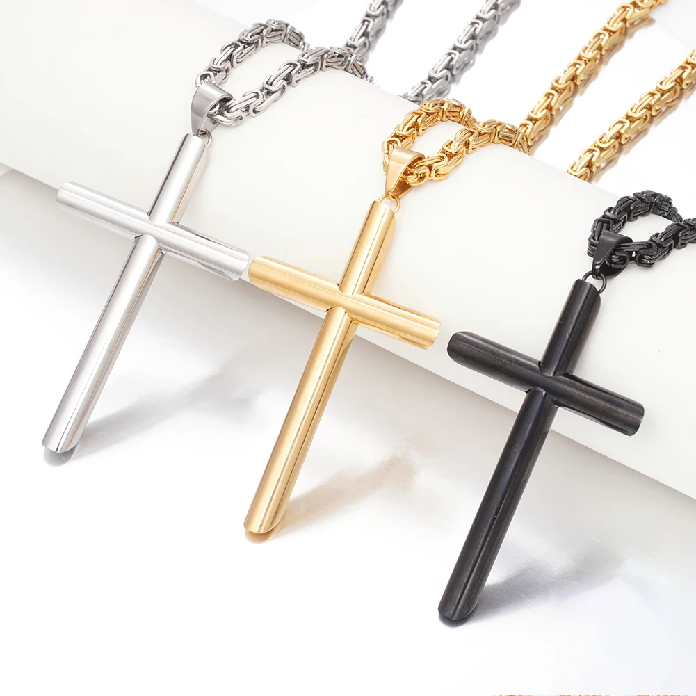 Silver/Gold/Black Stainless Steel Big Cross Pendant Necklace with 6mm Byzantine Box Chain 22inch-32inch for Men Women