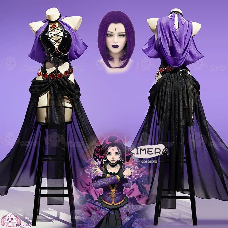 Disfraz de Cosplay de Teen Raven Titans Doujin, vestido de bailarina púrpura, banquete nocturno de bruja, traje de Halloween de cuero PU con capucha para mujer, peluca