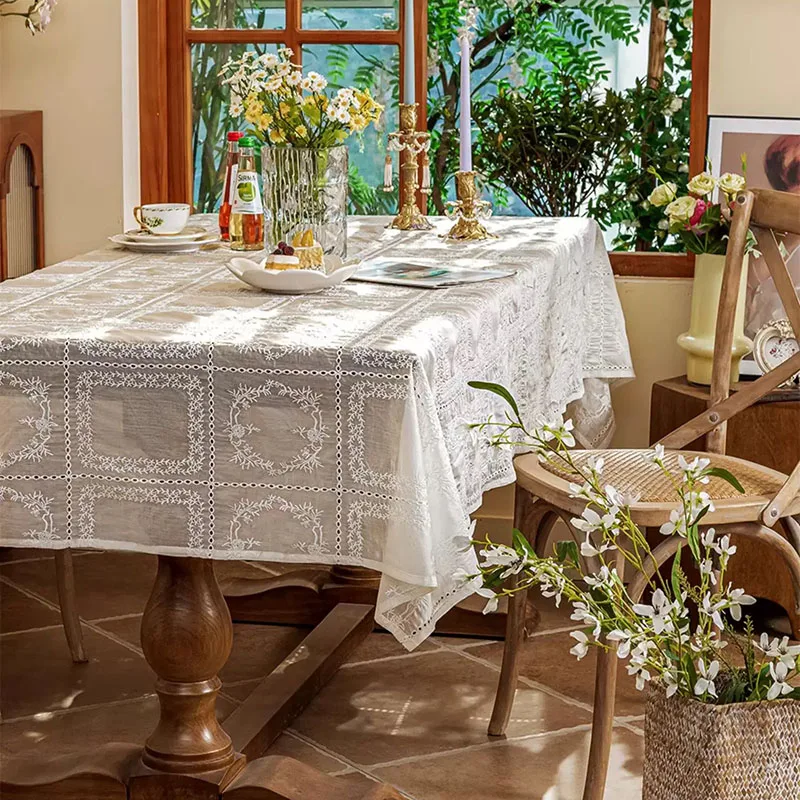 1Piece French Romantic Retro Court Style White Lace Embroidered Tablecloth Rectangular Coffee Table Tablecloth Dustproof Cloth 3