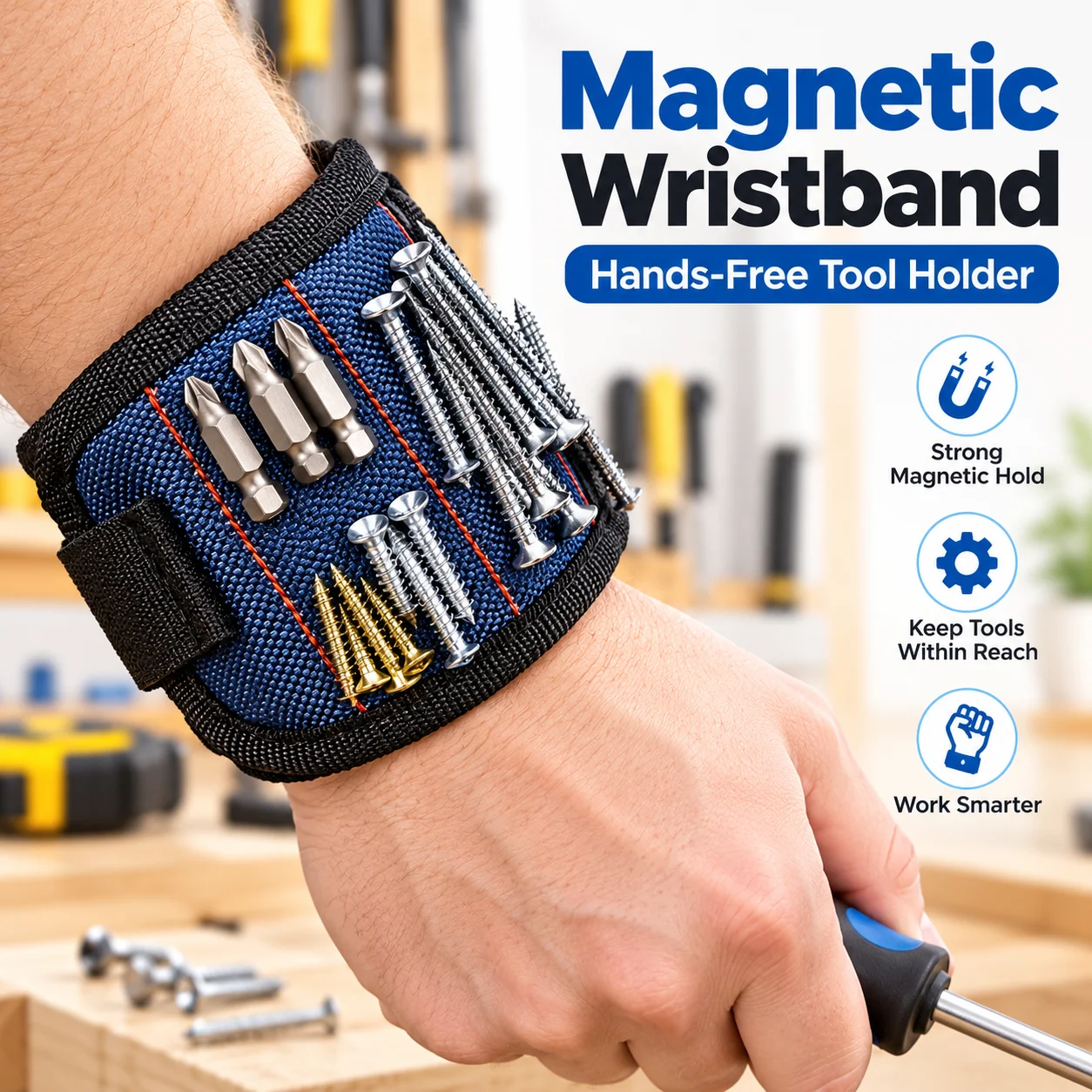 Blue Magnetic Wristband Tool Holder for Screws Nails Drill Bits Portable Wrist Tool Organizer for Repair Workshop