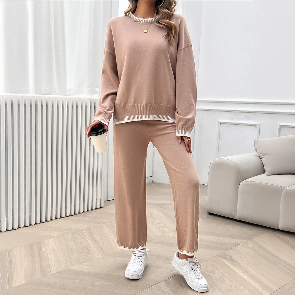 

Pant Set Women Two Piece Sets Round Neck Full Sleeve Loose Casual Tops Y2k Streetwear Wide Leg Long Pants High Waist Work