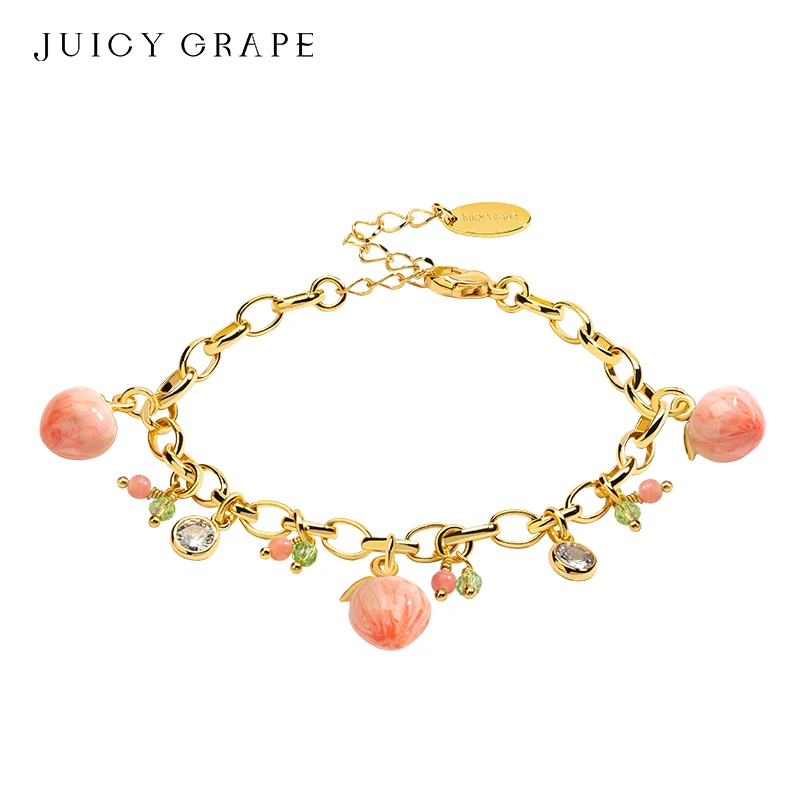 JUICY GRAPE 18K Gold-plated Women's Charm Bracelet Sweet and Lovely Fruit Peach and Peach Blossom Jewelry Adjustable Handcrafted