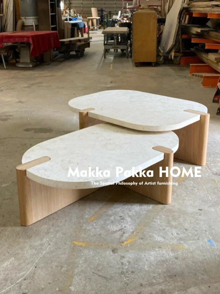 

Medieval retro creative travertine coffee table combination household small apartment wabi sandy wind solid wood coffee table