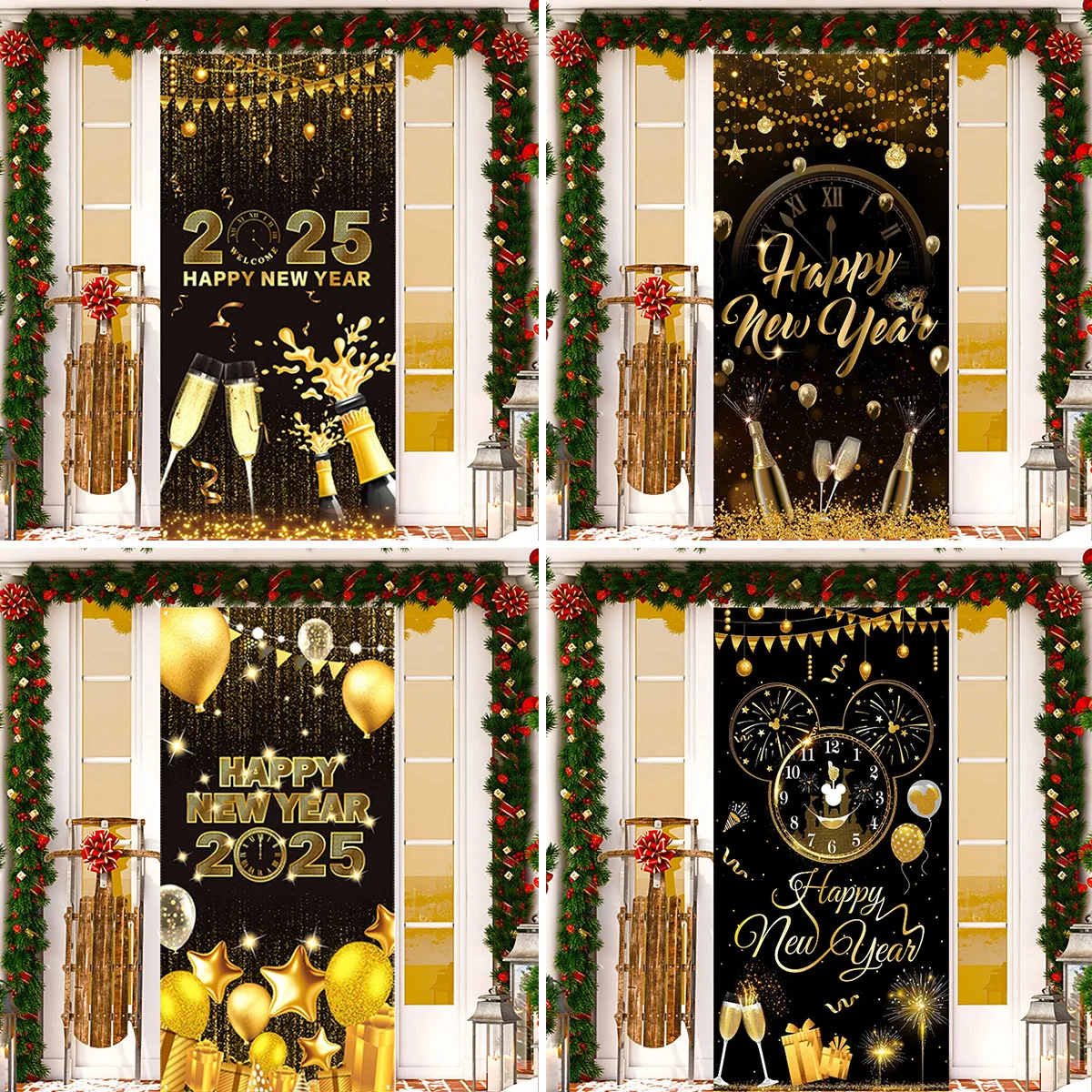 Black Gold New Year 2025 Theme Photography Background Vertical Happy Christmas Party Decoration Door Cover Gifts Props Banners