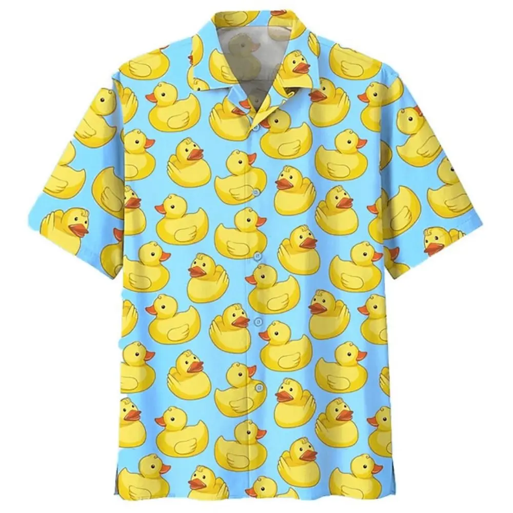 Camisa havaiana de manga curta masculina, camisa engraçada do pato dos desenhos animados, estampada em 3D, blusas de praia verão, casual roupas masculinas soltas, fofas