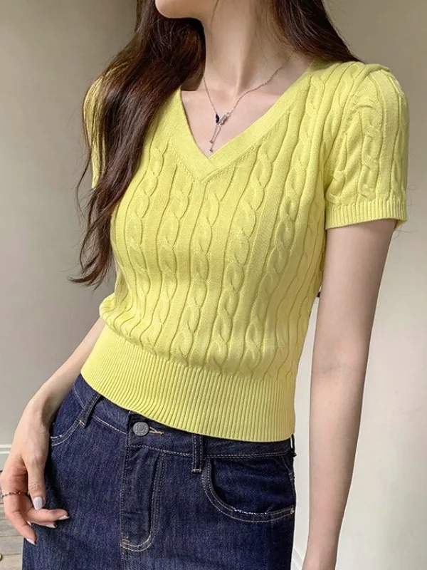 

Delicate Knitted Short Sleeve V-Neck Women's Top Summer New Style Soft Texture Twisted Design Fragrant Style Fashionable ...