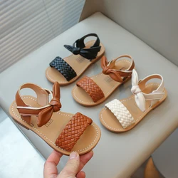 Girls Sandals Princess Sweet Classic with Bow-knot Woven Weave Style 2025 Summer Kids Beach Shoes Open Toes Anti-skid Soft 21-30