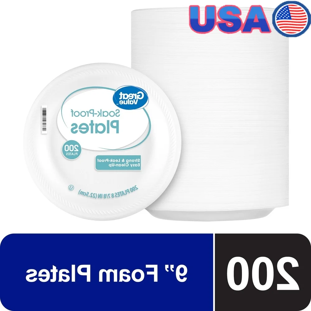 

Soak-Proof Disposable Foam Plates 9 Inch 200 Count Leak-Proof Strong Durable Round Plates Parties Events Everyday Use