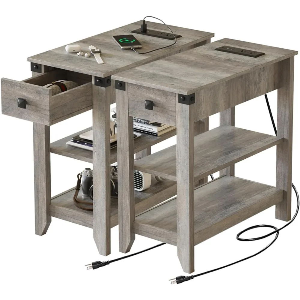 

Set of 2 End Tables Living Room, Narrow Side Table with Charging Station, Small Bedside Table for Small Space, Skinny Nightstand