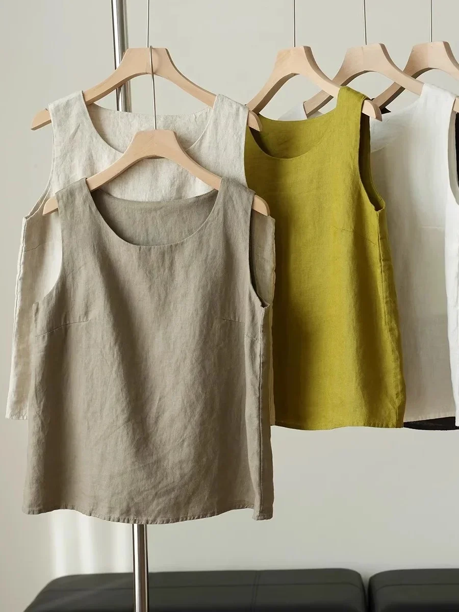 

Women's Loose Cotton Linen Tank Top New Plus Size Summer Svel Round Ne Pure Cotton Top for Outerwear and Inner Match