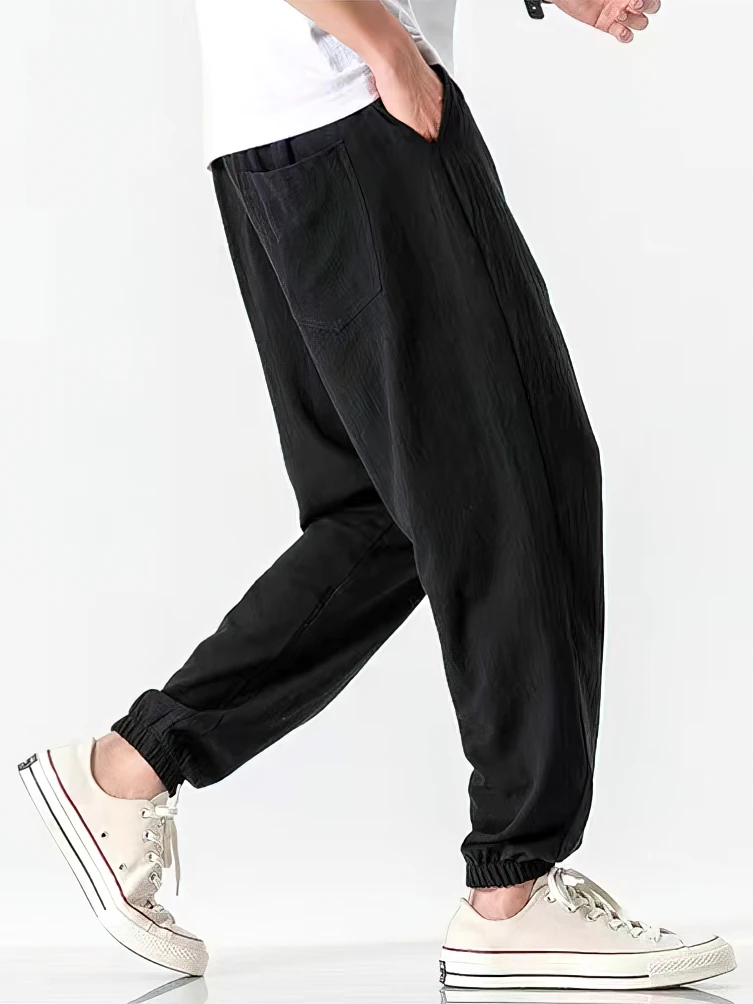 100% Cotton Linen Casual Sport Joggers Pants Men Loose Quick drying Lighweight Sweatpants Walking Harem Trousers