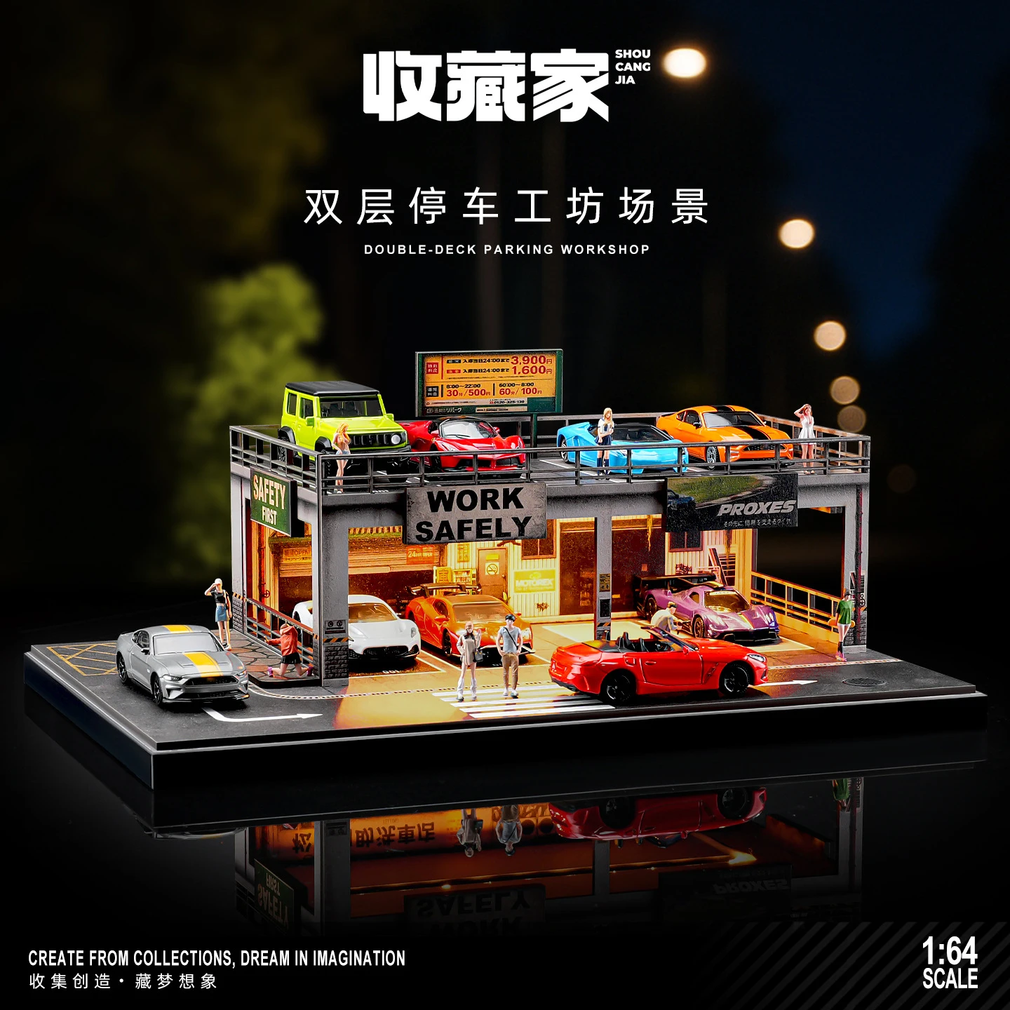 Miniatur-Szene 1/64 Diorama Simulation Doppelstöckiger Parkplatz Modellgarage mit Beleuchtung Landschafts-Straßendekoration Auto-Vitrine