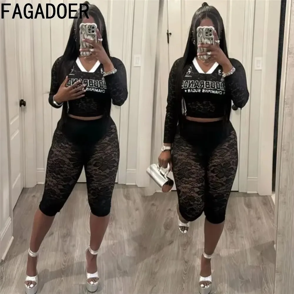 

FAGADOER Lace Sexy 2 Piece Sets Women Outfit V Neck See Though Print Patchwork Crop Top And Pants Suits Hot Girl Streetwear New