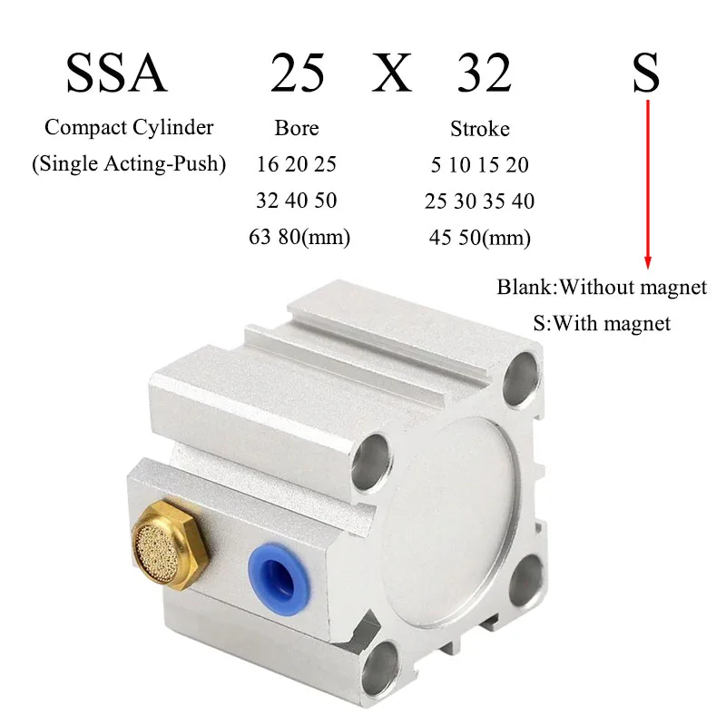 SSA Compact Single-Acting Air Pneumatic Cylinder Bore 20 25 32 40 50 63 80 100mm Stroke 5/10/15/20/25/30/35/40/45/50mm Durable