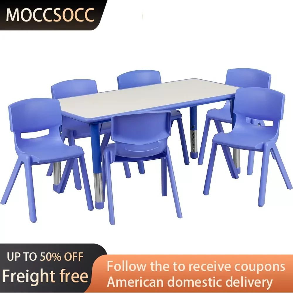 

23.625''W X 47.25''L Rectangular Blue Plastic Height Adjustable Activity Table Set With 6 Chairs Freight Free Baby Chair